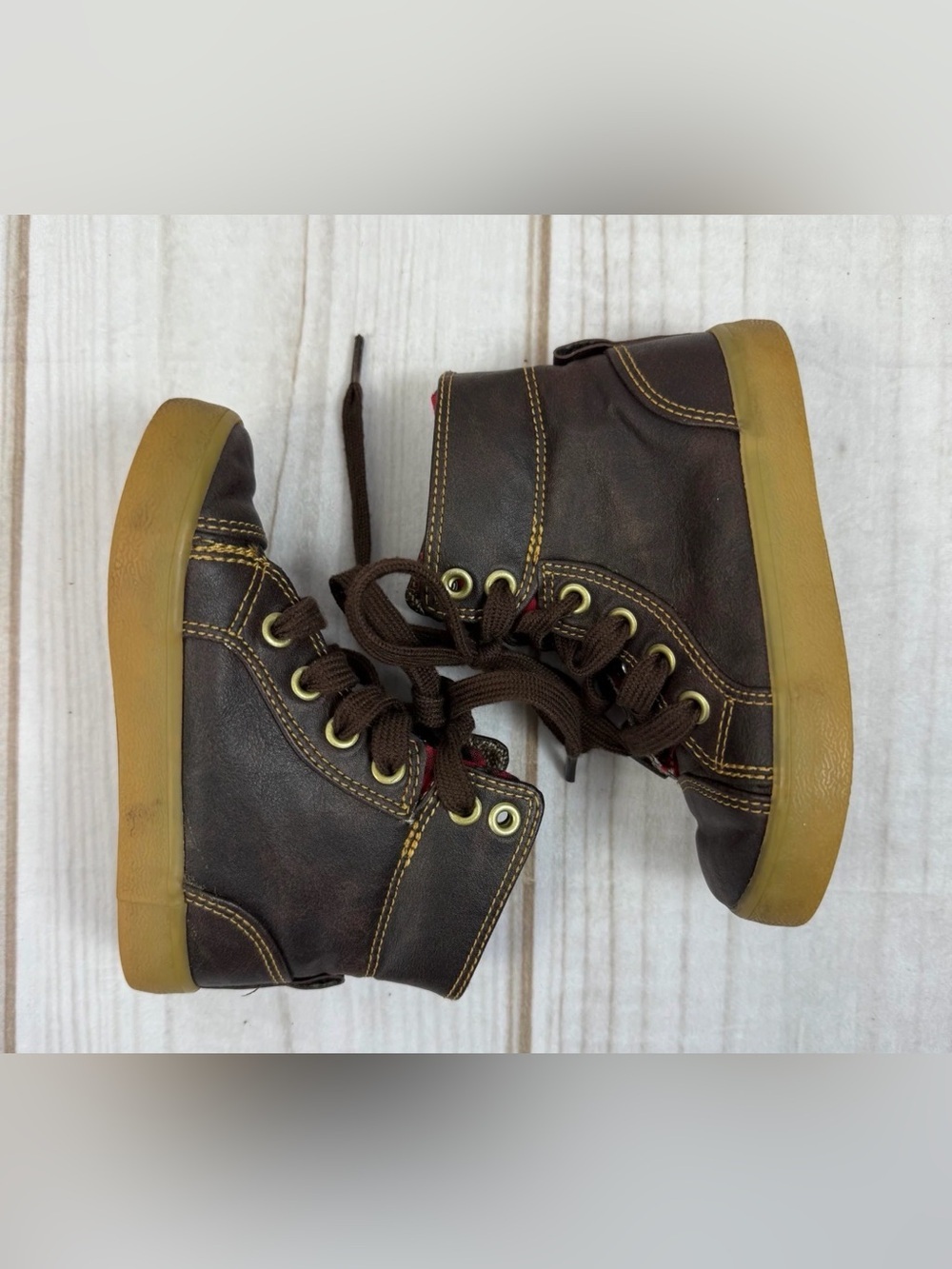 Baby Gap Brown High-Top Sneakers with Gum Sole and Plaid Insoles
